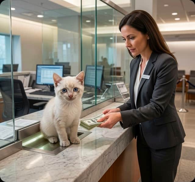 A kitten sitting in a bank teller's cash tray while a teller counts out banknotes.
