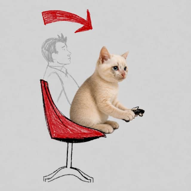 A kitten holding a game controller, sitting in a hand-drawn red office chair.