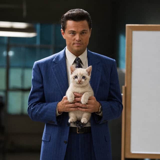 A man in a blue pinstripe suit holding the CASHKITTEN mascot up to camera.